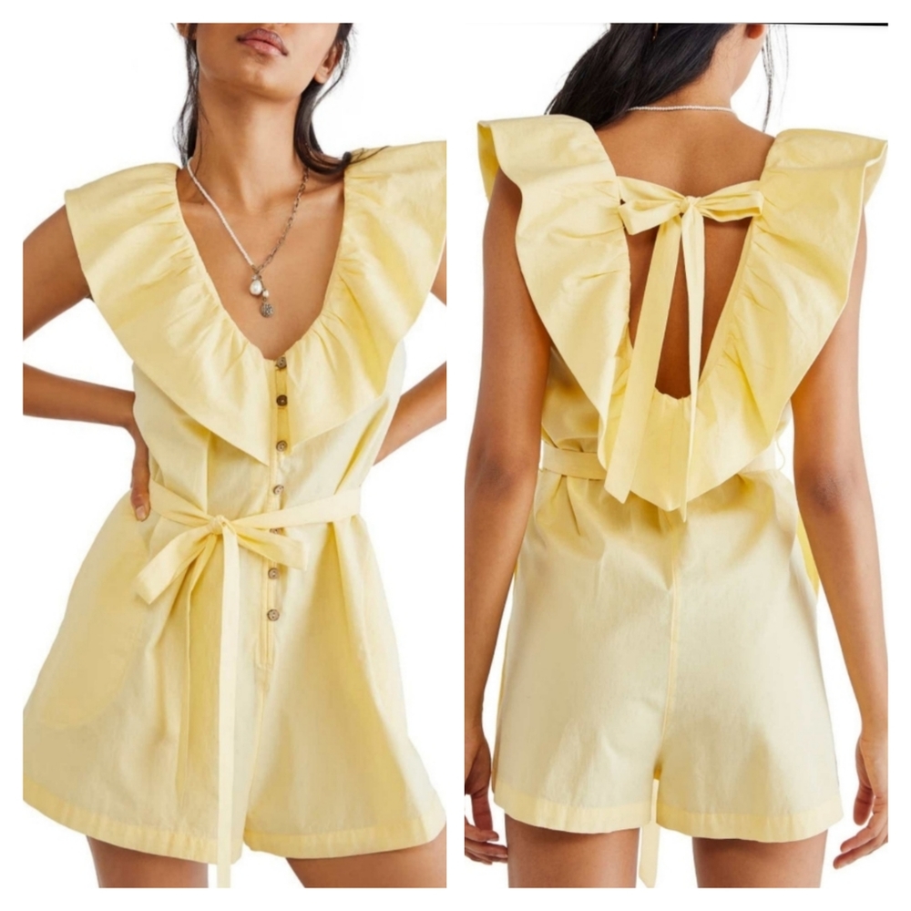 FREE PEOPLE Yellow Ruffle Shorts Romper Open Peekaboo Back